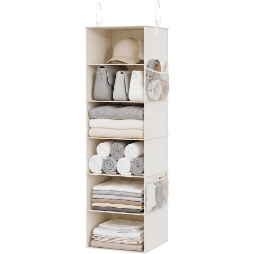 StorageWorks 6-Shelf Hanging Closet Organizer, Hanging Shelves for Closet, Fabric, Mixing of Beige, White & Ivory, 12" D x 12" W x 47 1⁄2" H