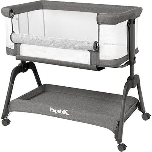 Papablic Baby Bassinet, Bedside Bassinet for Baby with Four-Sided Breathable Mesh & Soft Mattress, Adjustable Bassinet Bedside Sleeper with Storage Basket and Wheels, Easy to Assemble, Grey