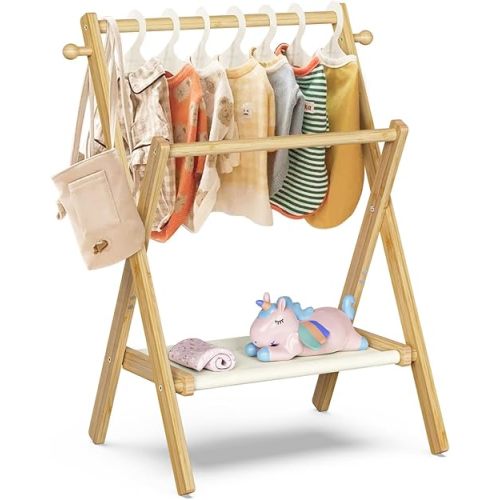 Baby Clothing Rack for Baby Shower Pets Dolls, Baby Clothes Rack with Storage Shelf & Double Rods, Toddler Clothes Rack, Mini Closet Rack, Baby Shower Rack (Natural)