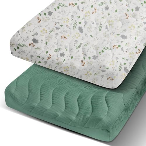 2 Pack Muslin Changing Pad Cover, Cotton Quilted Top Baby Changing Table Pad Covers, Soft Breathable Boho Changing Pad Sheets Fit for Standard Changing Pad 16" x 32" (Forest & Roman Green)