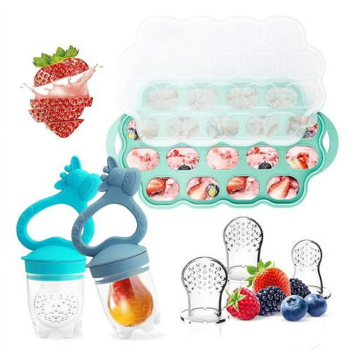 Baby Fruit Food Feeder Breastmilk Popsicle Molds for Teething Relief, Introduce New Foods, Silicone Freezer Tray with Lid, includes 6 Food Pacifiers Blue & Cyan