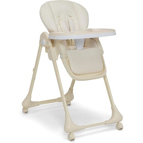 Little Folks by Delta Children 2-in-1 SlimFold High Chair for Babies and Toddlers Grows with Baby, Adjustable Height, Quick Clean - Dishwasher Safe Tray, Easy Push Wheels, Compact Fold, Cream
