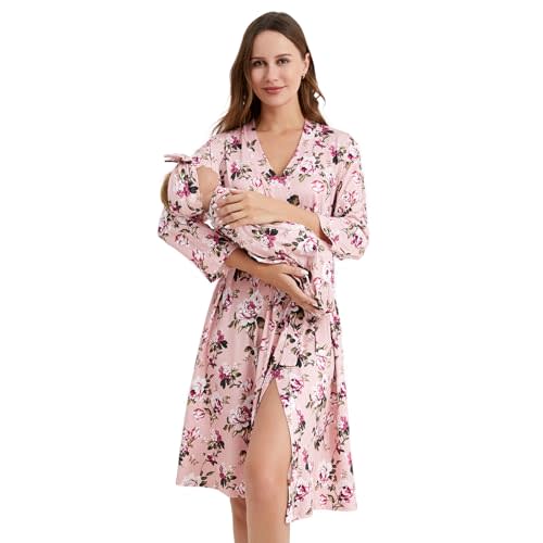 Galabloomer Maternity Robe and Baby Receiving Blanket, Matching Mommy Labor Delivery Robe and Swaddle Set Floral