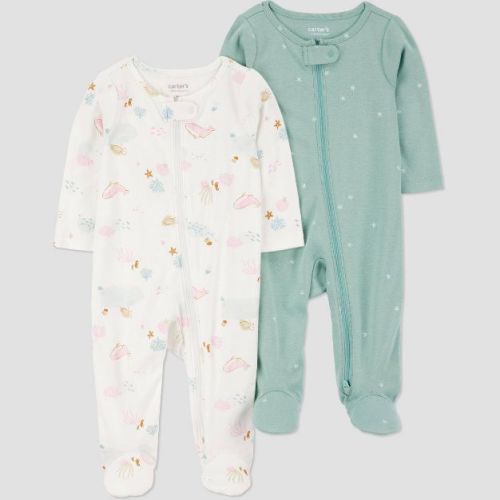 Carter's Just One You®️ Baby Girls' 2pk Sea Sleep N' Play - Sage/ivory Newborn: Cotton Footed Pajamas, Fish & Seashell Pattern