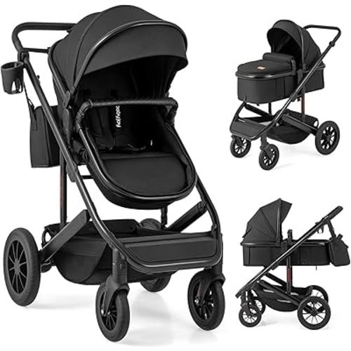 BABY JOY 2 in 1 Convertible Baby Stroller, High Landscape with Bassinet Mode, Reversible Seat, Adjustable Canopy, Cup Holder, Diaper Bag, Foldable Infant Newborn Pram Stroller for 0-36 Months (Black)