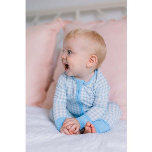 Light Blue Gingham Premium Zipper Romper