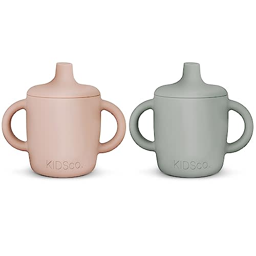 KIDSco. Silicone Sippy Cup and Training Cup for Baby 6 months+ Soft Spout and Handles Unbreakable Easy Grip for Babies 6-12 months and Toddlers 1-3 years 5oz/150ml (Grey Mist and Pink)