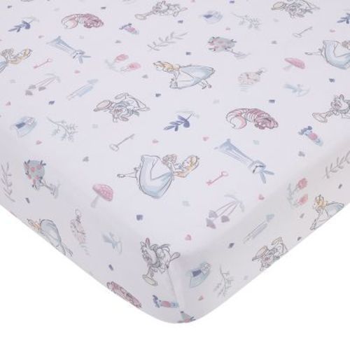 Nojo Disney Alice In Wonderland Light Blue, Pink, And White, Rabbit, And Cheshire Cat Super Soft Nursery Fitted Crib Sheet