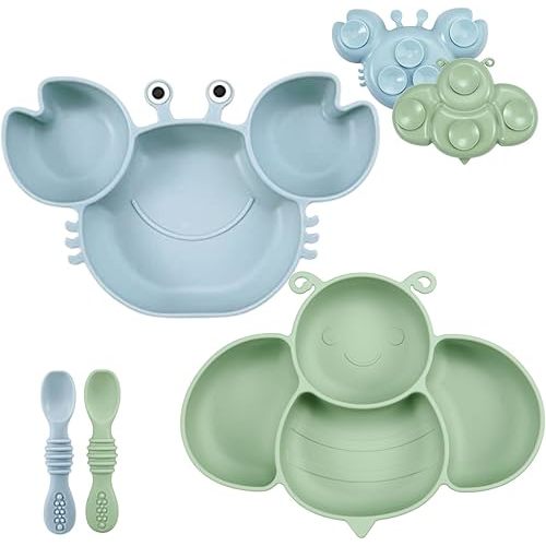 PandaEar 2 Pack Silicone Suction Plates for Baby, Divided Unbreakable Toddler Plate with 2 Pack Spoons for Self Feeding, Babies Utensils Feeding Set Baby Eating Supplies, Crab & Bee Shape -Blue&Green