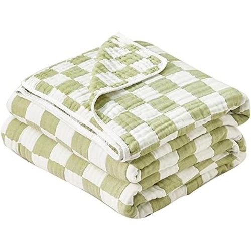 Ultra Soft Cozy Cotton 6-Layer Muslin Baby Blanket 30"x35" Breathable Lightweight Checkered Swaddle Blanket for Baby Boy Girl Birthday Gifts All Seasons Both Sides Sage Green