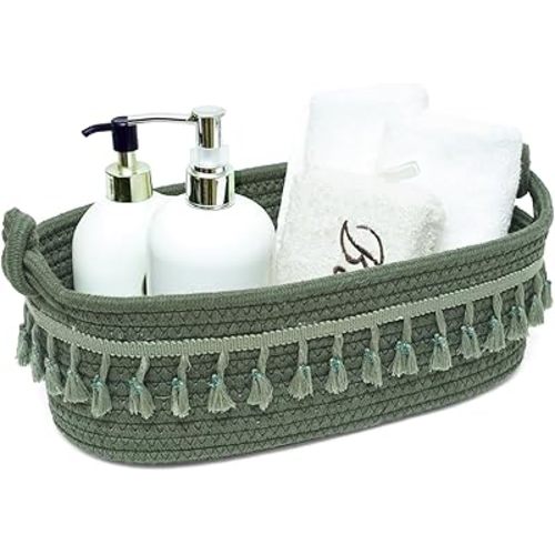 HOSROOME Small Cotton Rope Woven Basket Toilet Paper Baskets for Organizing Decorative Basket for Boho Decor Small Storage Basket for Bedroom Nursery Livingroom Entryway,Green