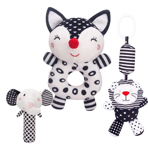 MesaSe Baby Rattles Toy for Newborns, Black and White Baby Toys 0-3 Months, High Contrast Infant Toys Plush Stuffed Animal Rattle, Early Developmental Toy for 0 3 6 9 12 Months Baby (3PCS)