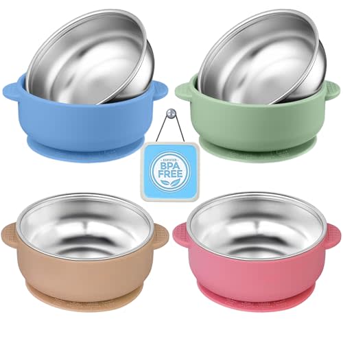 OKAY ORANGE 4 Pack Stainless Steel Toddler Suction Bowls for Baby Plates, 2-in-1 SUS304 Toddlers Bowl & Removable Silicone Suction Kids Bowl for Cereal | Snack | Anti-Scald Non-Toxic Suction Bowls