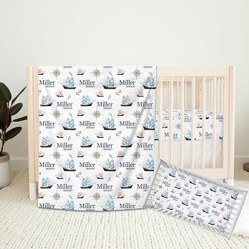 Personalized Nautical Ship Baby Nursery Bedding Set for Boys & Girls, 2 Piece Set with Name Crib Comforter & Fitted Sheets