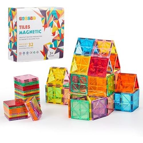 32-Pack Magnetic Tiles–Rainbow Builder Set, 2.95in STEM Construction Kit with Transparent Windows, Expand Creative Play for Kids