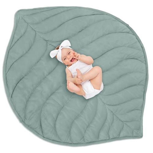 Funtery Baby Play Mat 56 x 42 Inch Cotton Crawling Cushion Cotton Nursery Rug Large Thick Soft Reversible Washable Folding Floor Playpen Mat Nursery Decor Rug for Girls Boys(Green,Leaf)
