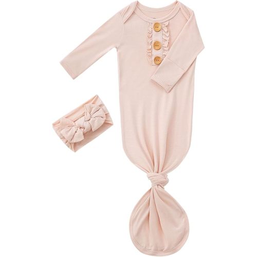Newborn Baby Girls Knotted Gown Headbands Set Soft Viscose from Bamboo Infant Sleeper Baby Sleep Gown with Mittens