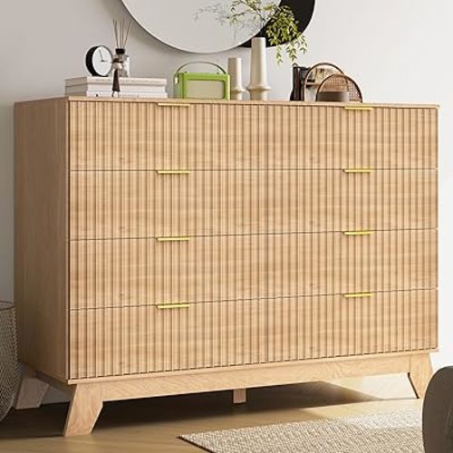 Fluted Dresser for Bedroom, 8 Drawers Dresser & Chest of Drawers, Mid Century Modern Dresser Boho Bedroom Furniture, Nature Wood Chest Dresser Wide Storage Organizer Large Dresser for Closet