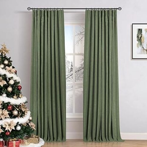 INOVADAY 100% Blackout Curtains for Bedroom, Black Out Curtains 84 Inch Long, Clip Rings Linen Blackout Drapes, Thermal Insulated Room Darkening for Living Room, 2 Panels - Moss Green,W50xL84