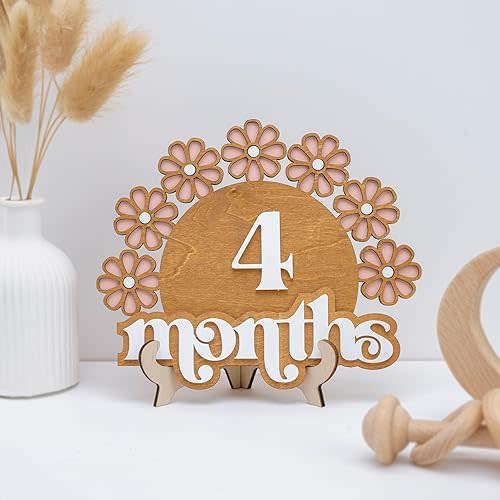 Wooden Baby Monthly Milestone Set, Floral Baby Age Tracker with Numbers and Months Weeks Signs, 3D Layered Wood Photo Prop for Newborn Monthly Pictures, Cute Floral Nursery Keepsake