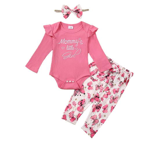 Newborn Baby Girls Outfits Baby Girls Fall Winter Clothes 0-3 Months Girls Long Sleeve Letter Print Romper Top Butterfly Print Pants Set Pink