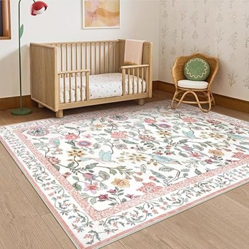 Floral Washable 5x7 Area Rug, Soft Non-Slip Pink Rugs for Girls Bedroom Low Pile Flower Birds Living Room Rug, Non-Shedding Botanical Indoor Carpet for Nursery Playroom Dining Room
