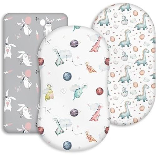 Bassinet Sheets for Baby Girl Boy, 2 Pack Soft Breathable Baby Bassinet Mattress Sheets Fit for Hourglass Oval Cradle, Moses Basket Rectangle Mattress (Dinosaur)