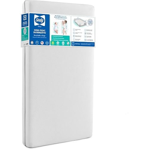 Sealy Baby OmniPedic DuoBreathe 2 Stage Breathable Crib Mattress, GREENGUARD Gold Certified, Made in USA, Waterproof, Premium Dual Firmness and Hypoallergenic, Toddler Bed Fit, 52x28