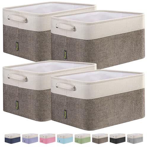 BALEINE 4 Pack Fabric Storage Bins for Shelves, Linen Storage Baskets for Organizing, Decorative Closet Bins for Clothes, Home (Brown, 15"x11"x9.5")