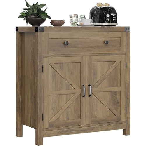 HOSTACK Coffee Bar Cabinet, Kitchen Storage Cabinet, Modern Farmhouse Buffet Sideboard with Drawer and Adjustable Shelf, Barn Door Accent Cabinets for Kitchen, Dining Room, Entryway,Rustic Brown