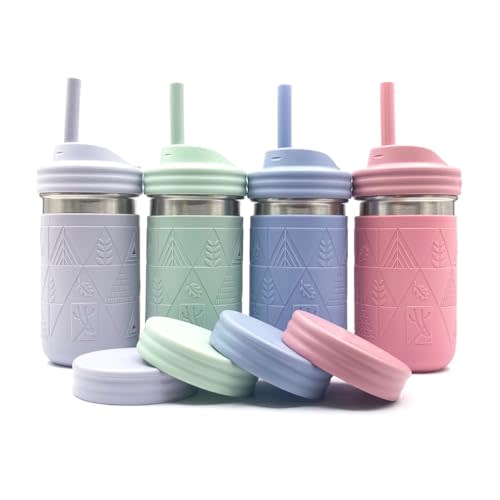 Elk and Friends Stainless Steel Cups |14 oz Mason Jar design | Kids & Toddler Cups with Silicone Sleeves & Straws with Stopper | Smoothie Cups | Dishwasher Safe