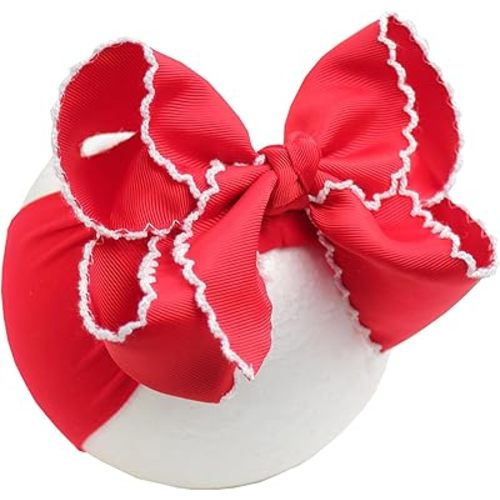 6'' Jumbo Red Baby Girls Bow Headbands, Handmade Grosgrain Moonstitch Boutique Baby Headwraps, Super Stretchy Soft Nylon Headbands for Newborns, Infants & Toddlers