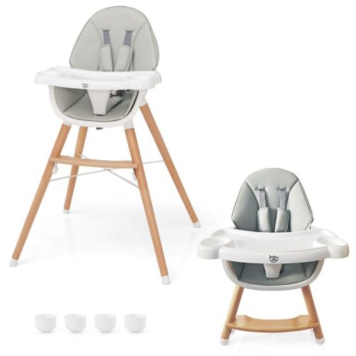 Babyjoy Baby High Chair Wooden Feeding Chair With 4-gear Tray & Removable Cushion Beige