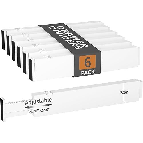 Drawer Dividers 6 Pack, 2.36" High, 14.76-22.6" Adjustable Drawer Divider for Clothes, Plastic Dresser Organizer for Bedroom, Closet, Clothes, Office, Kitchen Storage
