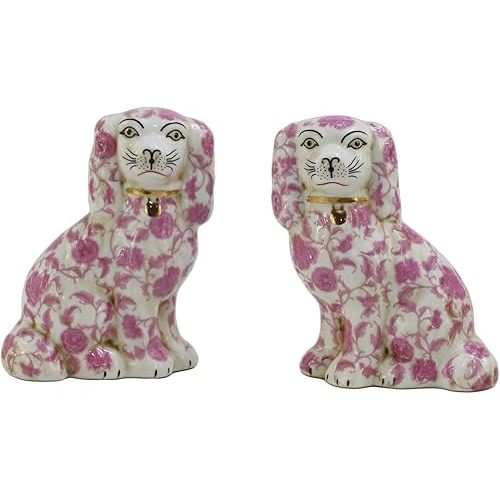 Hand Painted Pink Floral Spaniel Dogs 5.9", Pair of Small Mantle Porcelain Dogs, for Collectibles Home Décor Unique Gifts