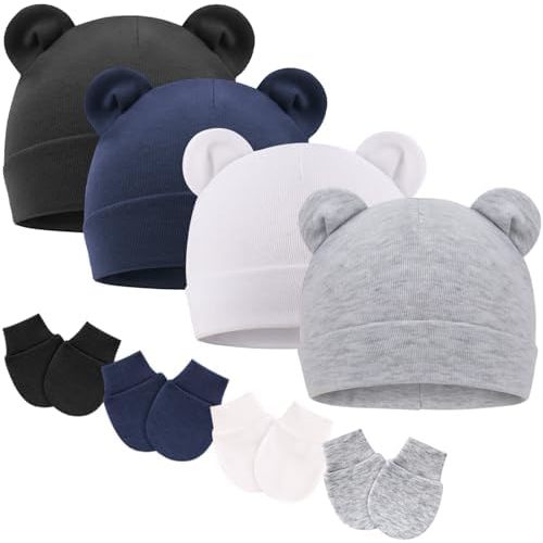Newborn Baby Hat and Mittens Set Bear Ears Toddler Infant Beanie Caps Newborn Hospital Hat for Baby Boy Girl 0-6 Months