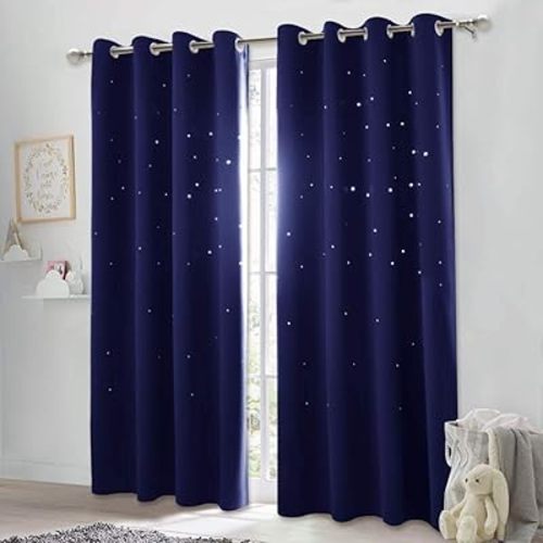 NICETOWN Twinkle Stars Blackout Curtains - Nap Time Essential Kid's Room/Nursery Window Treatment Curtain Panels with Hollow Stars (2-Pack, W52 x L84 inches, Navy Blue)
