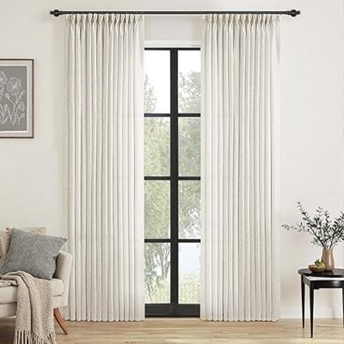 MIULEE Pinch Pleated Natural Linen Curtains 94 Inches Long 2 Panels for Bedroom Living Room, Soft Thick Linen Textured Window Drapes Back Tab Hooks Semi Sheer Light Filtering Neutral Farmhouse Cream