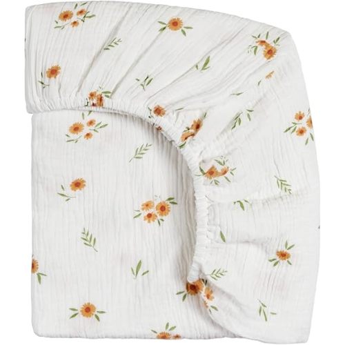 Meracorallo Muslin Mini Crib Sheet, Pack n Play Fitted Sheet, Soft and Breathable Pack and Play Playard Mattress Sheet for Baby Boys and Girls (Daisy)