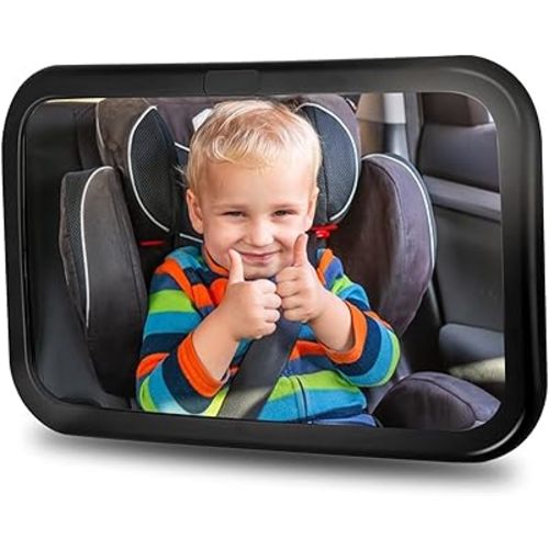 Extra Large Baby Car Mirror, Safety Car Seat Mirror for Rear Facing Infant, Wide View Shatterproof Adjustable Acrylic 360°for Backseat, Secure, Shatterproof, Fully Assembled, Black