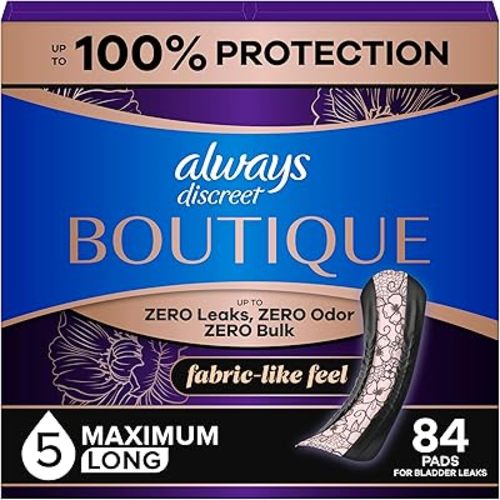 Always Discreet Boutique Adult Incontinence & Postpartum Pads For Women, Size 5, Heavy Long Abondant longues, 28 Count x 3 Packs (84 Count total) (Packaging May Vary)