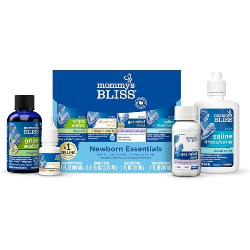 Mommy's Bliss 4-Piece Newborn and Baby Essentials Kit - With Gripe Water, Gas Relief Drops, Vitamin D 400IU, and Saline Drops/Spray - The Perfect Baby Gift.