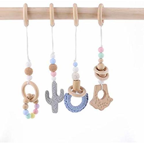 HAO JIE 4pc Wooden Baby Play Gym Mobiles Activity Gym Toys for Infant Wood Ring Cactus Handmade Rattles - Sg001@hj-p002