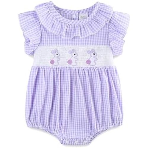 Baby Girl Outfit Infant Bunny Smocked Romper Onesie Short Sleeve Summer Plaid Clothes for 0~24M
