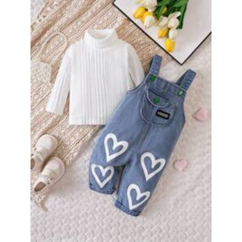Baby Girl Turtle Neck Tee & Heart Print Letter Patched Flap Pocket Overall Jumpsuit