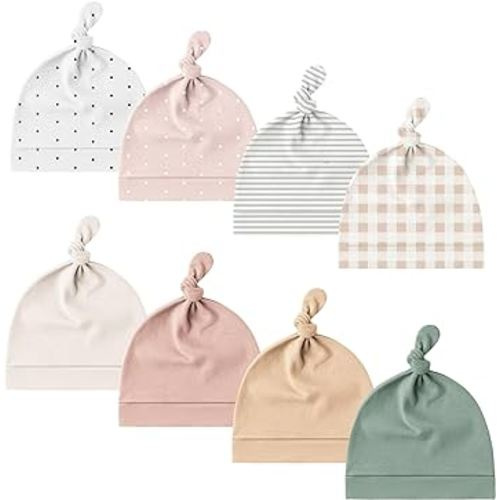 Konssy 8 Pack Baby Newborn Hats Set Knot Beanie Hats Soft for Infant Baby Girls Boys Caps 0-6 Months Pink