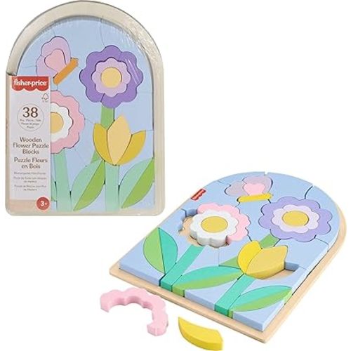 Fisher-Price Wood Preschool Toy Flower Puzzle Blocks, 38-Piece Wooden Stacking Set for Developmental Play Kids Ages 3+ Years