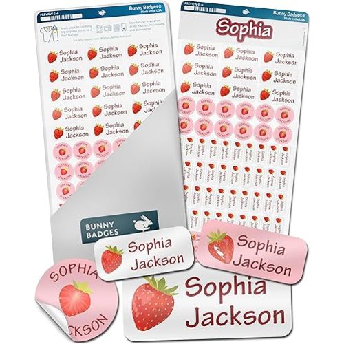 Bunny Badges Personalized Daycare Name Labels for Kids (130 Labels) - Custom Waterproof Name Stickers for Clothing Tags, Water Bottles, Lunch Boxes and School Supplies (Strawberry)
