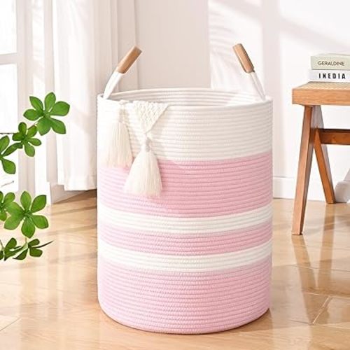 60L Striped Laundry Basket, Pink Laundry Hamper with Leather Handles, Woven Cotton Rope Storage Bin for Blankets, Nursery Hamper for Clothes, Toys In Bathroom, Livingroom, Bedroom