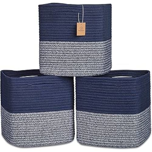 NaturalCozy 13 Inch Cube Storage Bins Cotton Rope Woven Baskets for Organizing 3-Pack | 13 x 13 Storage Cubes | Fabric Square Storage Baskets for Shelves Organizer, Kids Toy Bins, Closet Baby Nursery